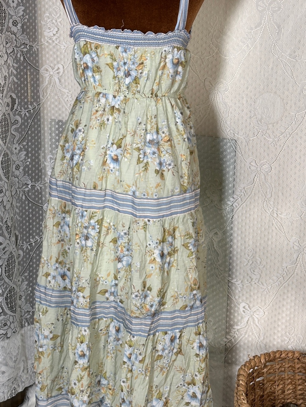Sleeveless Floral Tiered Maxi Dress in Sage and Blue - Picture 4 of 5